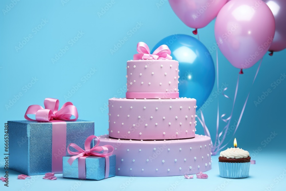 Pink cake with balloons and gift Pink cake with balloons and gift