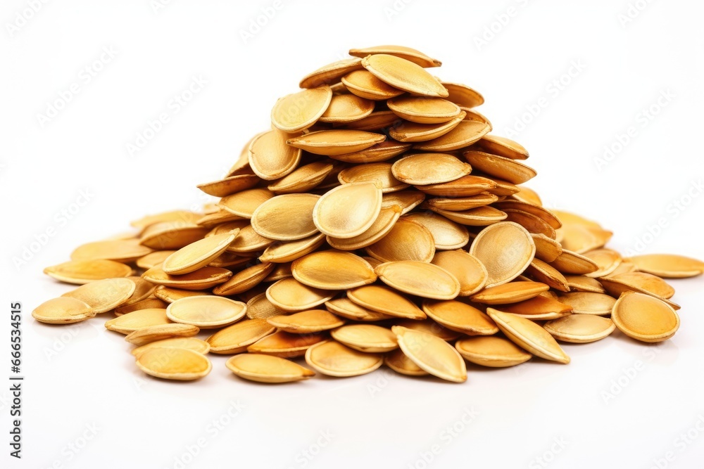 Pumpkin seed pile on white backdrop Pumpkin seed pile on white backdrop