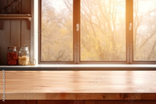 Product presentation on a blurry kitchen window with an empty wooden desk