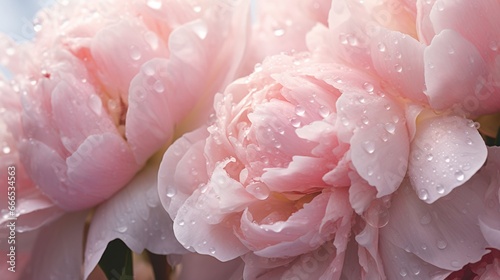 A close-up of rain-soaked peony petals, their delicate layers glistening with moisture, creating a sense of ethereal beauty