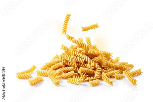 Raw Italian pasta types Fusilli and Rotini falling and separated on a white background with precise outlining and detailed focus