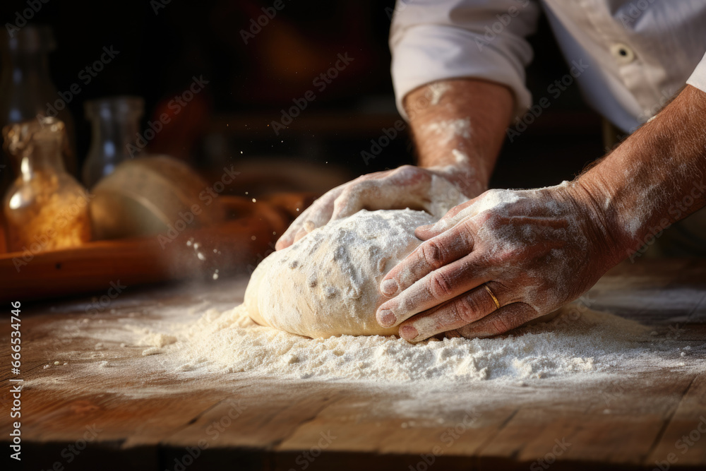 Male hands kneading dough on the table closeup