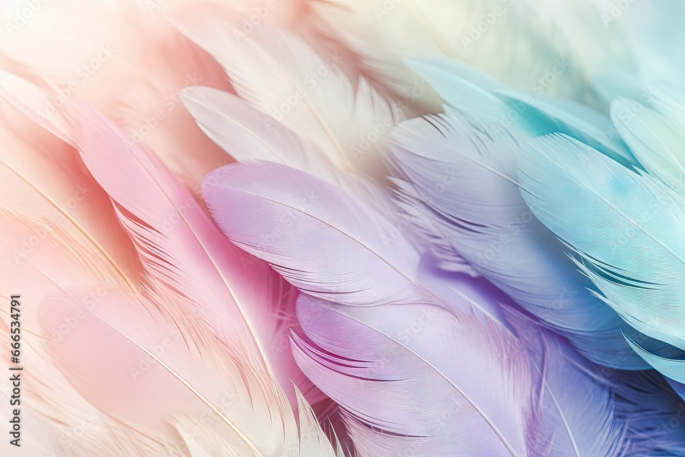 Fototapeta premium Selective focus on a light background highlights a bird s pastel colored multi hued feathers
