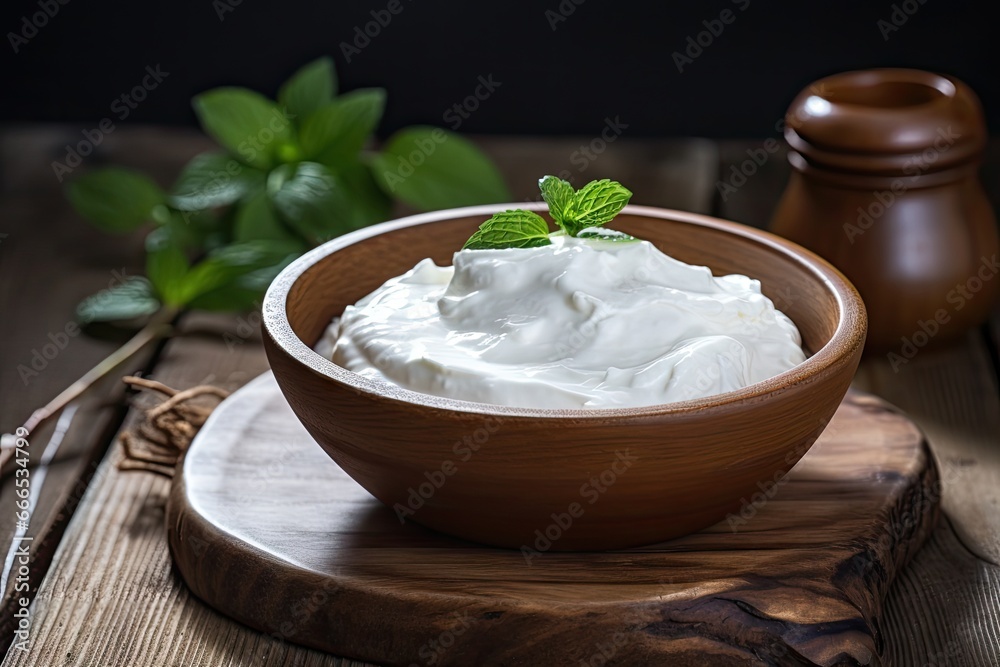 Selective focus on a wooden bowl of Greek yogurt on a rustic wooden table Selective focus on a wooden bowl of Greek yogurt on a rustic wooden table