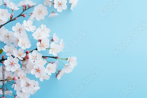 Romantic aesthetic concept with beautiful spring flowers on pastel blue background