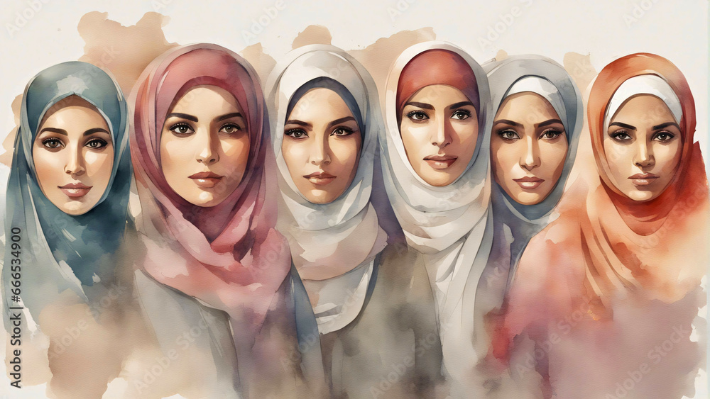 Watercolor art of a group of muslim women wearing hijab.