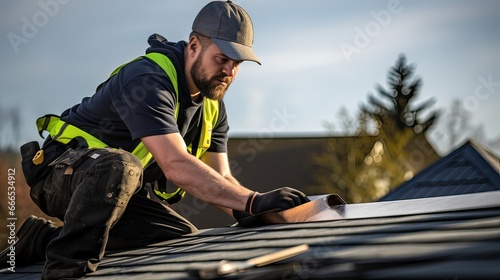 A skilled roofer replacing shingles on a house's roof. Roof maintenance, home improvement, roofing expertise, shingle replacement, roof repair, skilled craftsmanship. Generated by AI.