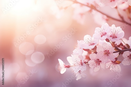 Springtime scene featuring a blooming tree sun flare and abstract background