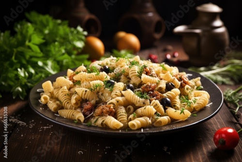 Tasty pasta dish with olives and parsley on wooden table