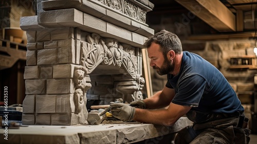 An experienced stone mason expertly building an impressive stone fireplace. Expert masonry, fireplace creation, masterful craftsmanship, inviting grandeur, timeless elegance. Generated by AI.