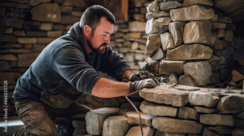 A dedicated stone mason at work. Fireplace artistry, stonework excellence, dedicated craftsmanship, cozy allure, enduring elegance. Generated by AI.
