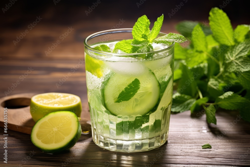 Quench Your Thirst with this Invigorating Cucumber and Lemon Spritzer Served on a Vintage Wooden Table Quench Your Thirst with this Invigorating Cucumber and Lemon Spritzer Served on a Vintage Wooden Table