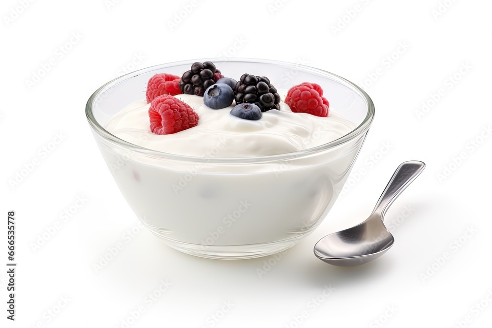 Yogurt made by hand served in a bowl with a spoon isolated on a white background