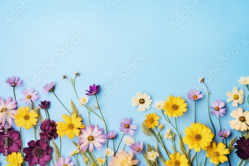 Yellow and purple flowers on pastel blue background representing spring and Easter Flat lay with a top view and copy space