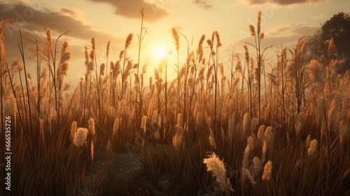 A dense thicket of tall, slender reeds, their feathery tops swaying gently in the wind. Sunlight filters through the reeds, creating a warm, ethereal glow.