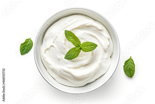 Yogurt cream bowl with basil leaves white background top view photo