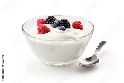 Yogurt made by hand served in a bowl with a spoon isolated on a white background photo
