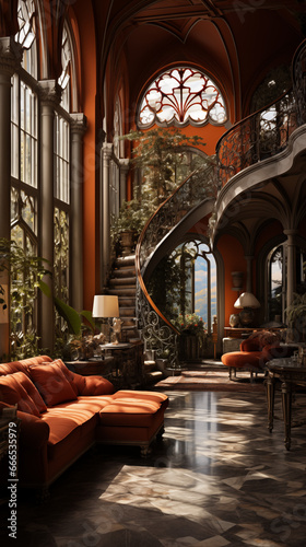 interior of an orange design with plants, stairs and windows in it. gothic romanticism. AI generated © DayDay Studio
