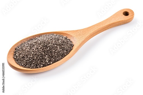 Top view of chia seeds on a wooden spoon against a white background