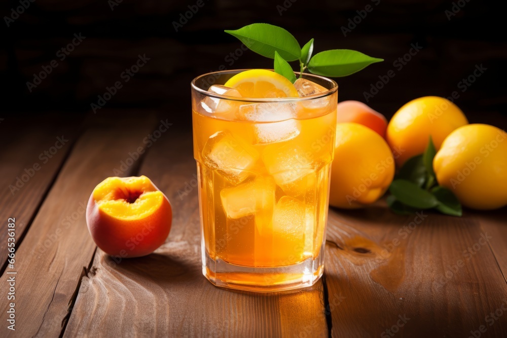 A Chilled Glass of Lemon and Peach Nectar with Fresh Fruit Accents on a Sunlit Table A Chilled Glass of Lemon and Peach Nectar with Fresh Fruit Accents on a Sunlit Table