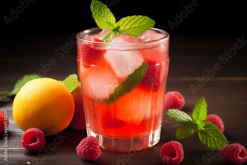 A tantalizing blend of peach and raspberry in a non-alcoholic mocktail served with a sprig of fresh mint