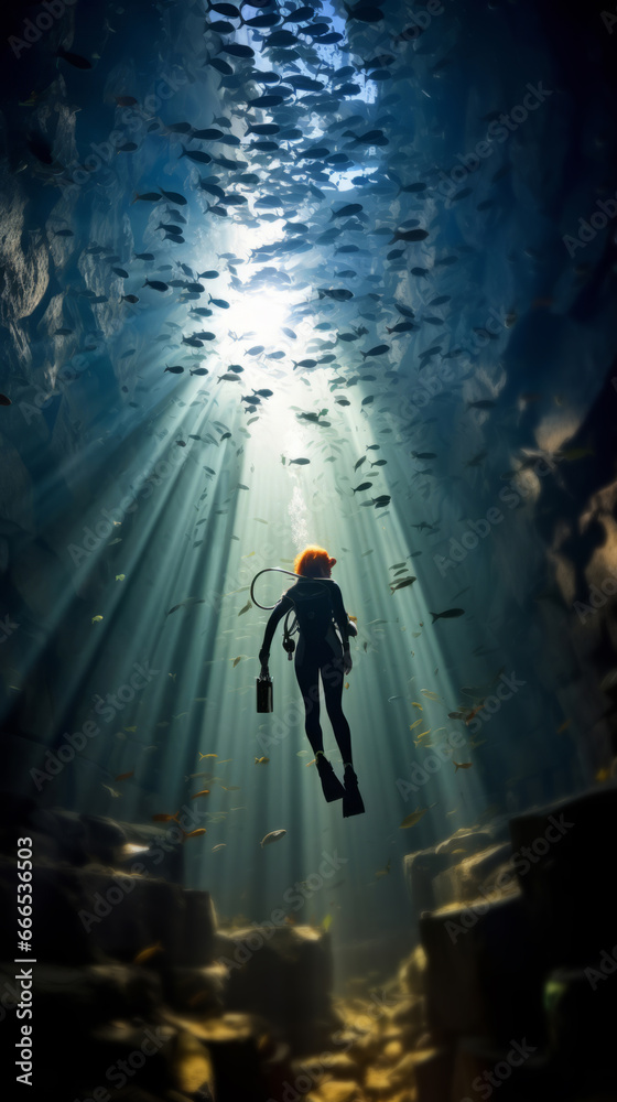 Fototapeta premium Scuba diving in tropical ocean. Beautiful bright sunlight and beams.