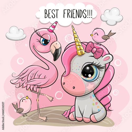 Cartoon Unicorn and flamingo on a pink background
