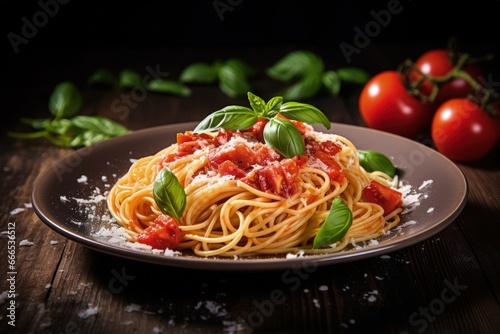 Traditional homemade Italian spaghetti with sauce tomatoes basil and parmesan served vertically on a rustic wooden background