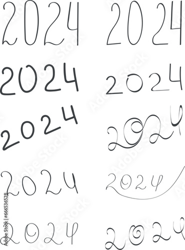2024 year line drawing  in doodle style  set isolated vector