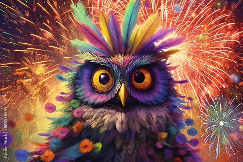 owl on fireworks background, Merry Christmas or Happy New Year postcard. Generative Ai