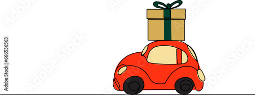 car carrying a gift continuous line drawing, isolated vector
