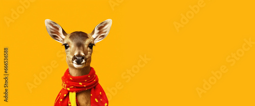 reindeer with scarf, Merry Christmas or Happy New Year poster, panoramic layout. Generative Ai