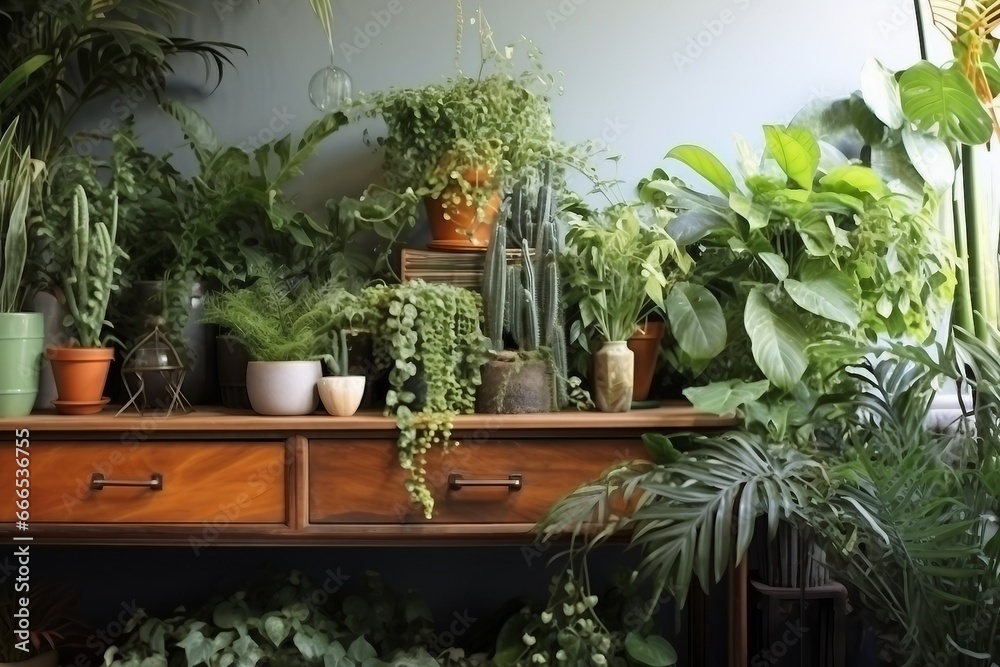 Different indoor plants in living room with decorations on the table Stylish composition of home garden green industrial interior. Urban jungle interior with houseplants. generative ai. Different indoor plants in living room with decorations on the table Stylish composition of home garden green industrial interior. Urban jungle interior with houseplants. generative ai.