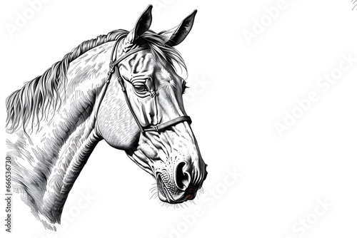 Black and white drawing of a horse head.