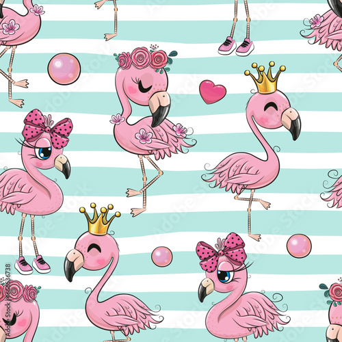 Seamless Pattern with cartoon Flamingos