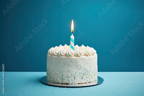 White cake with lit candle on blue background