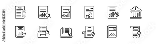 Accounting line icon. Tax form icon set. Income tax in line. Accounting icon set. Finance illustration. Business tax report. Editable stroke. Vector illustration.