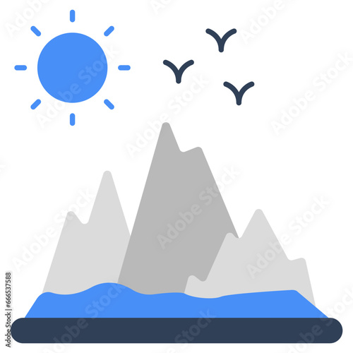 A unique design icon of mountains with sun showcasing hill station 