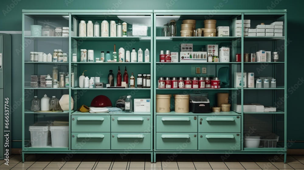 a fully stocked medical supply cabinet in a clinic