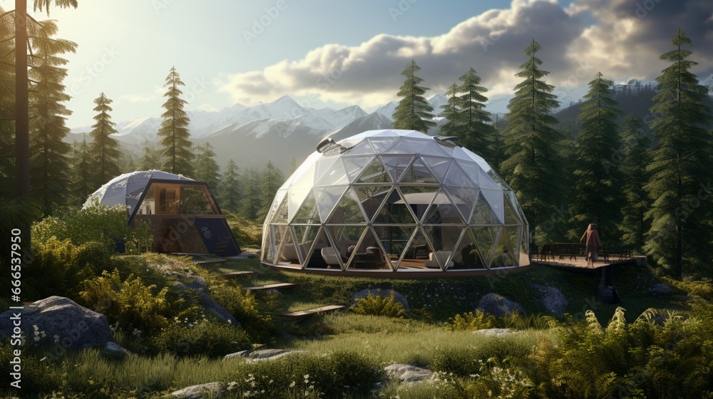 A geodesic dome enclosing a self-sustained, off-grid living environment - obrazy, fototapety, plakaty 