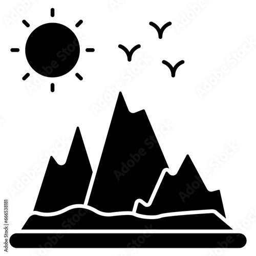 A unique design icon of mountains with sun showcasing hill station 