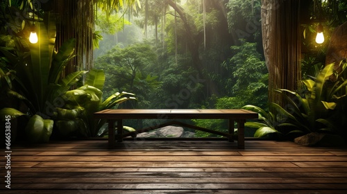 Natural wood podium product display with tropical leaves background