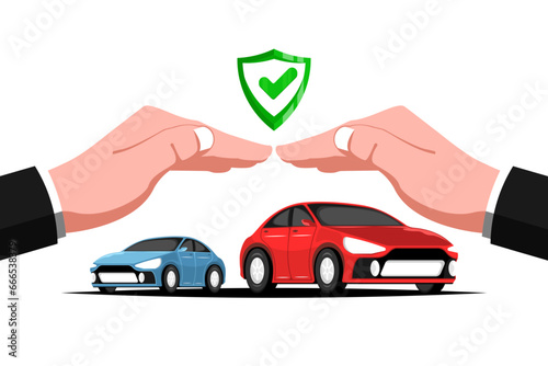 Insurance protects personal car, Hands of insurance agent protects personal car with shield guard on isolated background, Vector illustration.