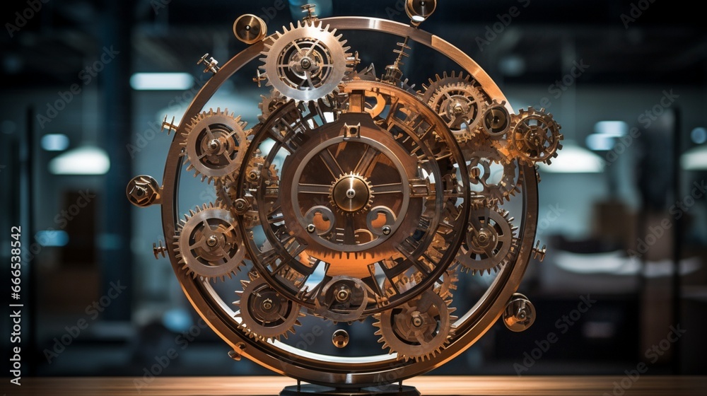 A kinetic sculpture of interconnected gears, rotating in perfect unison, evoking a sense of mesmerizing motion