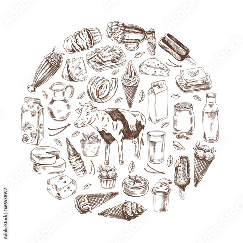 Vintage set of hand drawn monochrome dairy produce icons. Elements in circle. Eco food. Sketch illustration. Engraved image.