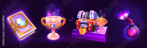 Fantasy props, game assets cartoon vector set. Magic book with gem, ancient treasure chest with golden coins, bomb and trophy with gemstones. Ancient gui design elements isolated on dark background.