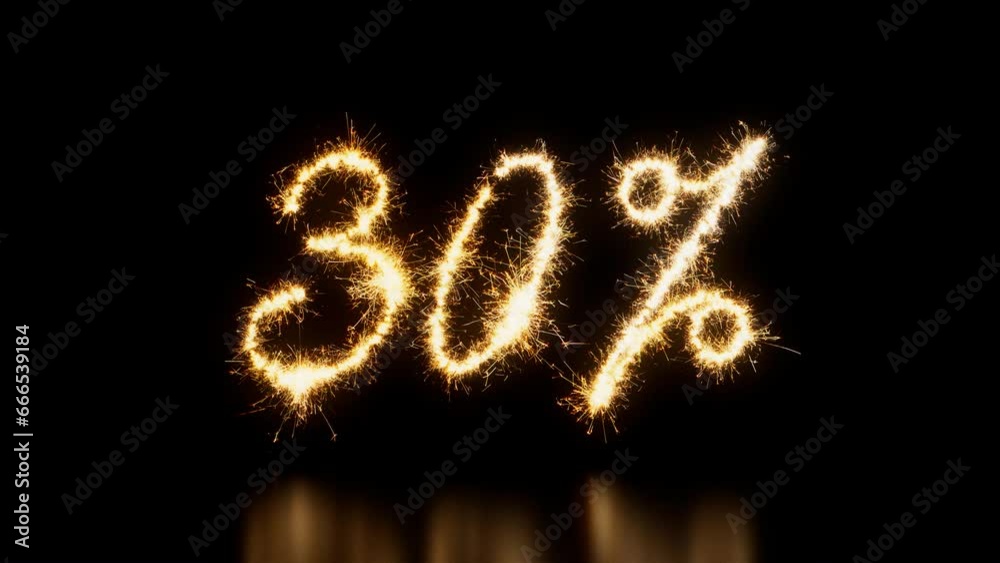 Gold Sparkler Firework Text with 30% Caption on Black. Seamless Loop Promo Banner. Gold Sparkler Firework Text with 30% Caption on Black. Seamless Loop Promo Banner.