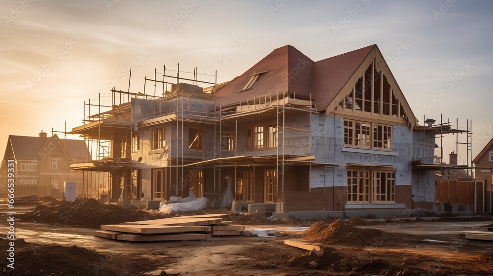 Construction of a residential new house is in progress at building site Construction of a residential new house is in progress at building site