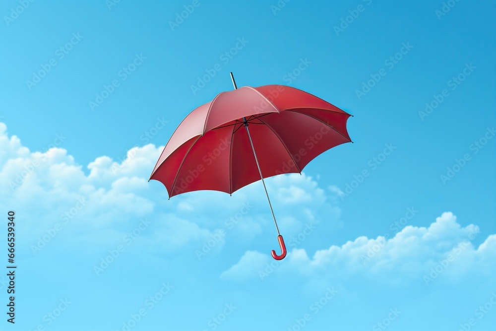 A red umbrella flies in the blue sky. Weather forecast concept.