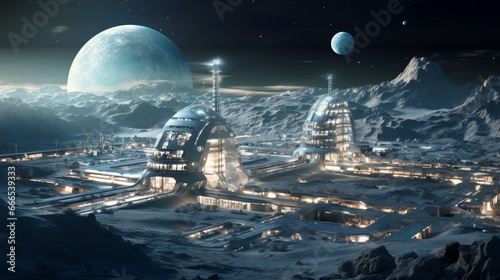 Photographie A lunar colony illuminated by the soft glow of sustainable energy sources